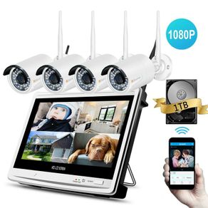 Security Camera System Wireless Outdoor WiFi 12'' LCD Monitor 4 CCTV Camera 1TB