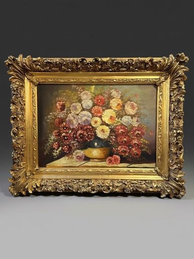 Vintage Floral Still Life Statement Framed Oil Painting