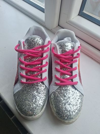 Brand new pink & silver glitter trainers with orange star detail