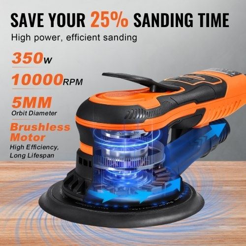 Random Orbital Sander 5 & 6-Inch, 350W Brushless Orbital Sander, 10,000 PRM 6 Variable Speed Electric Palm Sander with 20PCS Sandpapers, Dust Connector & Hose for Woodworking Detailing Sanding