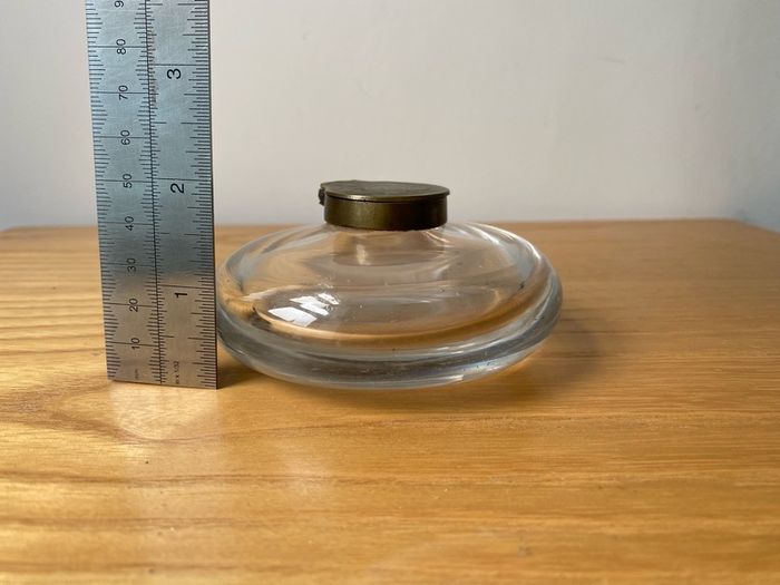 Hand Blown Round Glass Vintage Inkwell with Brass Hinged Collar and Lid c1900