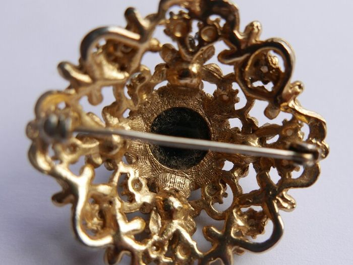 Vintage Victorian revival gold  layered domed brooch with black glass and faux pearls