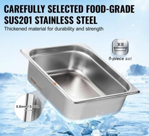 8 Pack Hotel Pans, 1/2 Size Anti-Jam Steam Pan with Lid, 0.8mm Thick Stainless Steel Steam Table Pan, 4-Inch Deep Commercial Table Pan, Catering Storage Food Pan, for Industrial & Scientific