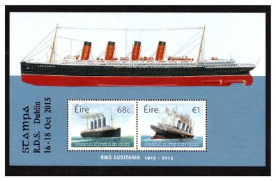 2015 Ireland Stampa Public Souvenir overprinting RMS Lusitania Miniature Sheet Commemorative Stamps Stampa Mint Never Hinged (MNH)