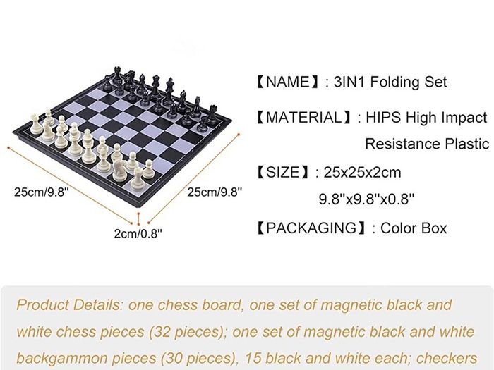 3 in 1 Travel Chess, Checkers, Backgammon Set, Magnetic Folding Board Games, Educational Toys/Gift for Kids and Adults (FREE POSTAGE)