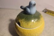 Vintage Anthropologie Porcelain Lemon Sugar Bowl Jam Pot Applied Bluebird Handle