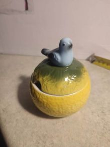 Vintage Anthropologie Porcelain Lemon Sugar Bowl Jam Pot Applied Bluebird Handle