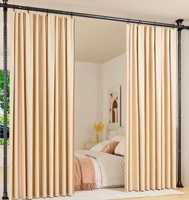 Adjustable 122-305cm (H) 71-178cm(W) Wall Divider for Room Separation, Temporary Privacy Tension Curtain Rods, Freestanding Space Room Separator, Black