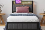 Single Bed Frames with Storage Headboard and Charging Station/LED Lights,Heavy Duty Metal Bed Frame Single No Box Spring Needed,Solid Bedstead Base/Strong Steel Slats Support/Grey