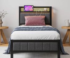 Single Bed Frames with Storage Headboard and Charging Station/LED Lights,Heavy Duty Metal Bed Frame Single No Box Spring Needed,Solid Bedstead Base/Strong Steel Slats Support/Grey