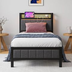 Single Bed Frames with Storage Headboard and Charging Station/LED Lights,Heavy Duty Metal Bed Frame Single No Box Spring Needed,Solid Bedstead Base/Strong Steel Slats Support/Grey