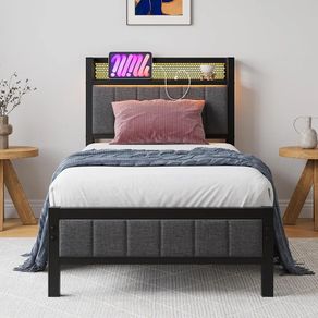 Single Bed Frames with Storage Headboard and Charging Station/LED Lights,Heavy Duty Metal Bed Frame Single No Box Spring Needed,Solid Bedstead Base/Strong Steel Slats Support/Grey