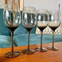 Set of Vintage Smokey Long Stem Glass Wine Glasses 23 cm Tall