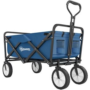 90L Folding Garden Trolley Cart Pull Along Wagon with Telescopic Handle for Beach Camping Festival - Navy Blue