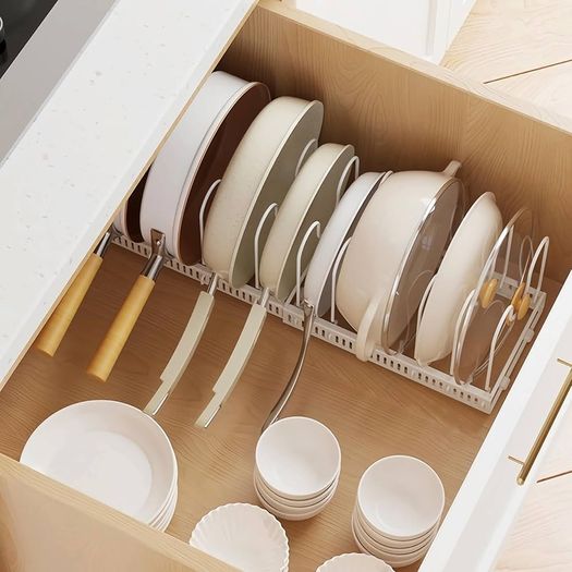 Expandable Pans Organiser Rack, Pan Lid Storage with 10 Adjustable Dividers, Pot Lid Holder, Kitchen Cupboard Organiser (White)