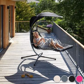 _Hanging Lounger with Frame, Floating Lounger with Parasol, Indoor & Outdoor, Includes Cushion with Pillow, for Garden, Patio and Balcony