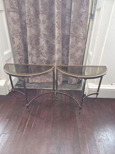 Maison Jansen Hollywood Regency Style Pair of Brass Demi-Lune Side Tables