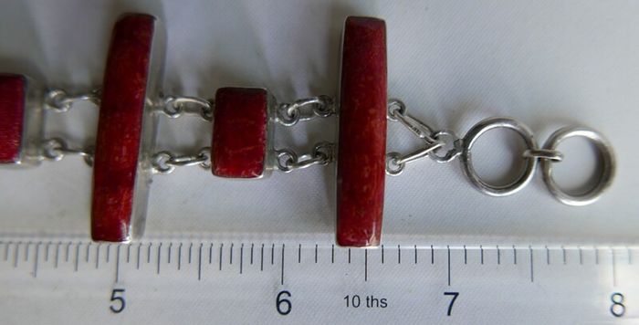 Vintage Red Fossilized Coral .925 Sterling Silver handcrafted Large Bali Bracelet and Red Coral Horn Pendant Necklace