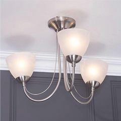 Light Semi Flush Curved Arm Sitting Room Bedroom Ceiling Light with Alabaster Glass Shades (Satin Nickel, 3 Light)