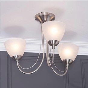Light Semi Flush Curved Arm Sitting Room Bedroom Ceiling Light with Alabaster Glass Shades (Satin Nickel, 3 Light)