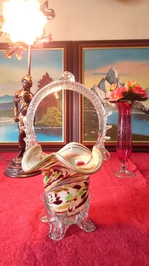 Murano Millefiori Art Glass Basket 10.75 Inches Tall