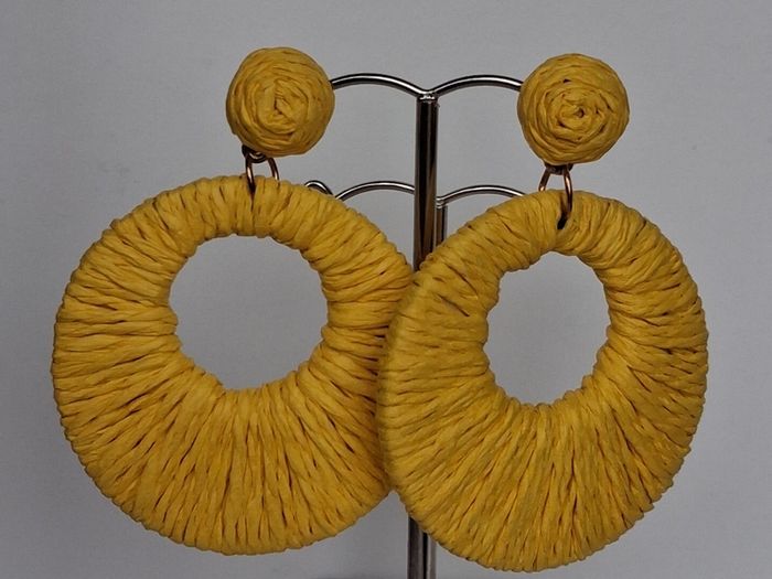 Golden Yellow Raffia Woven Stud Hollow Out Woven Hoop Earrings