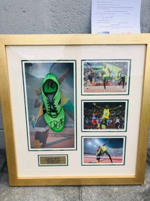 Usain Bolt Signed Puma Running Spike Shoe In 3D Frame
