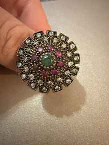 Vintage Ottoman Style Statement Ring Green Ruby Coloured Stones