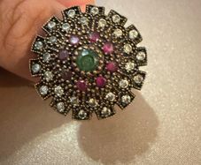 Vintage Ottoman Style Statement Ring Green Ruby Coloured Stones