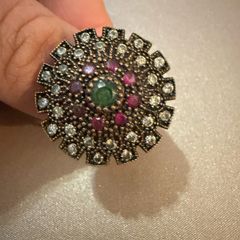 Vintage Ottoman Style Statement Ring Green Ruby Coloured Stones