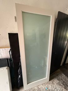 Heavy solid-core oak internal doors with frosted glass panels