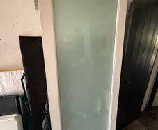 Heavy solid-core oak internal doors with frosted glass panels