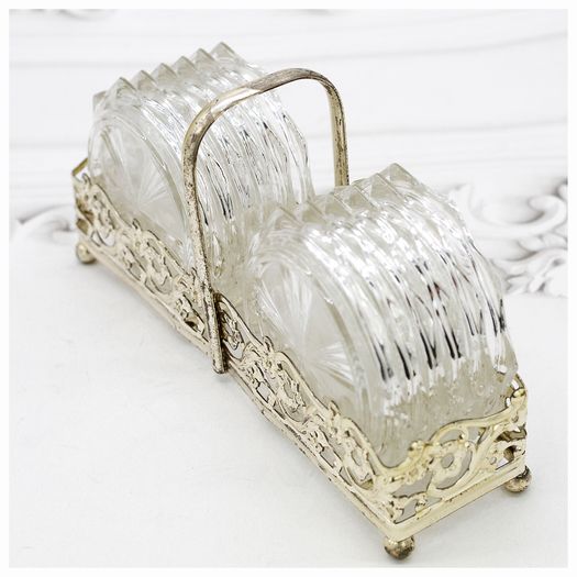 Vintage Midcentury Glass Coasters & Silver Holder-Set of Twelve