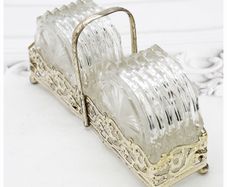 Vintage Midcentury Glass Coasters & Silver Holder-Set of Twelve
