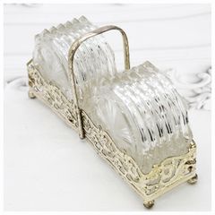 Vintage Midcentury Glass Coasters & Silver Holder-Set of Twelve