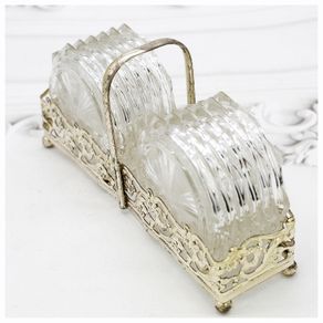 Vintage Midcentury Glass Coasters & Silver Holder-Set of Twelve
