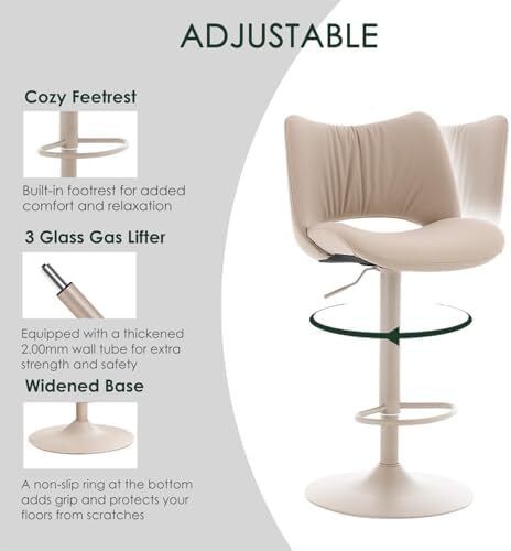 Bar Stools Set of 2, Modern Breakfast Barstools with Open Backrest, Swivel Adjustable PU Leather Counter Height Kitchen Stools for Home Bar with Metal Footrest, All Khaki
