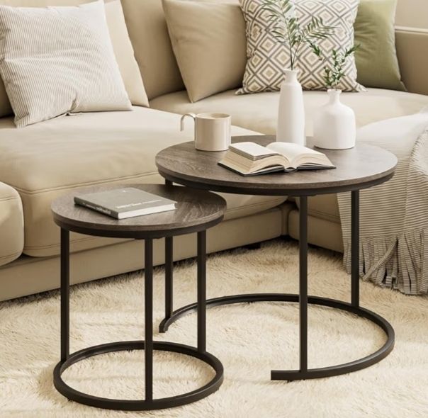 Removable Set of 2 End Table, Nesting Tables with Black Metal Frame Legs and Wooden Grey Top for Living Room, Bedroom, Office, Balcony, Apartment Grey