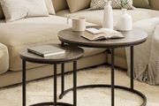 Removable Set of 2 End Table, Nesting Tables with Black Metal Frame Legs and Wooden Grey Top for Living Room, Bedroom, Office, Balcony, Apartment Grey