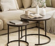 Removable Set of 2 End Table, Nesting Tables with Black Metal Frame Legs and Wooden Grey Top for Living Room, Bedroom, Office, Balcony, Apartment Grey