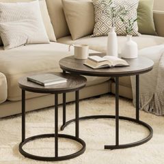 Removable Set of 2 End Table, Nesting Tables with Black Metal Frame Legs and Wooden Grey Top for Living Room, Bedroom, Office, Balcony, Apartment Grey
