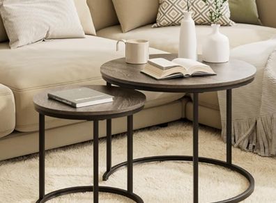 Removable Set of 2 End Table, Nesting Tables with Black Metal Frame Legs and Wooden Grey Top for Living Room, Bedroom, Office, Balcony, Apartment Grey