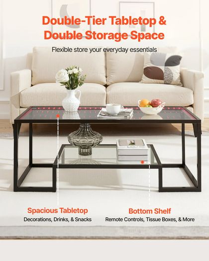 Coffee Table, Modern Tempered Glass Coffee Table with Lighting, 2 Tiers Rectangle Glass Center Desk with Open Storage, Minimalist Metal Accent End Desk for Living Room, Office, Easy Assembly