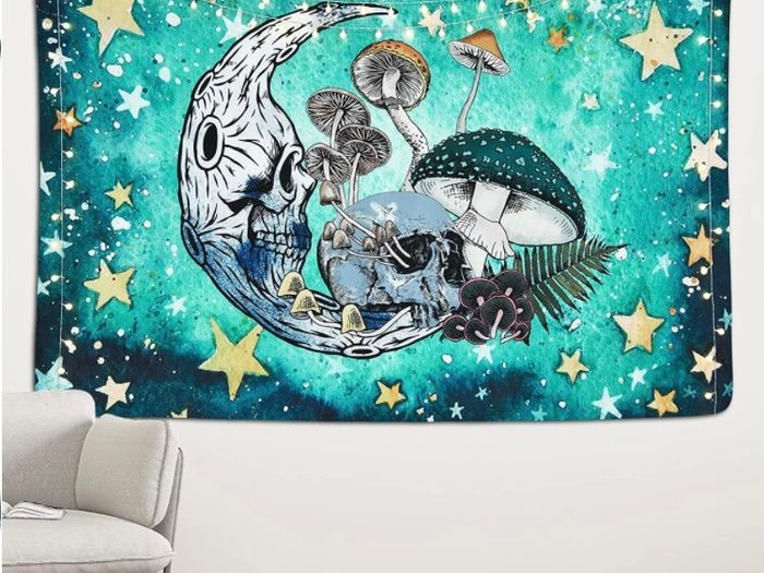 Skull Tapestry Mushroom Stars Moon Tapestry Abstract Hippy Trippy Wall Hanging Tapestry Home Decor (MULTIPLE SIZES)