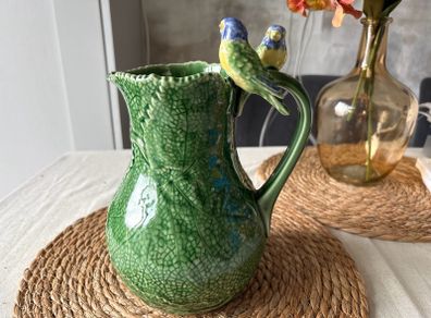 Bordallo Pinheiro Green Leaf Pitcher with Birds