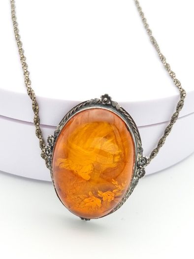 Carved Natural Baltic Amber Patinated Silver Necklace