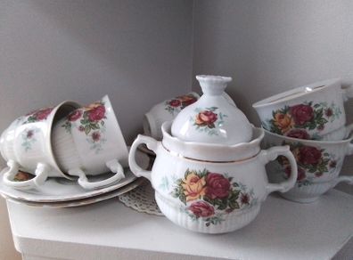 China Cups & Saucers + Lidded Sugar Bowl