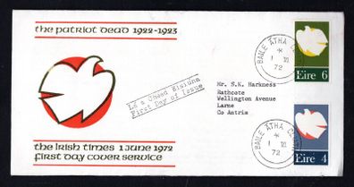 1972 Ireland Patriot Dead Commemorative Stamps Illustrated First Irish Times Day Cover (FDC) with Baile Atha Cliath (Dublin) Cancel