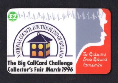 1996 Ireland IR2 Callcard Collectors fair called "The Big Callcard Challenge"  March 1996 ifor National Council of the Blinc of Ireland & The Richmond Brain Research Foundation mint (Remote Memory) Call Card Mint