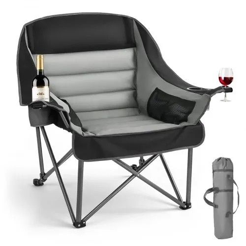 Oversized Camping Chairs, 204 kg Heavy Duty Support, Portable Padded Folding Camp Chairs with Dual Cup Holders & Wine Glass Holders, Carry Bag for Outdoor, Fishing, Black & Gray, 1 Pack